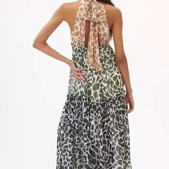 Anthropologie Maeve Keyhole Animal Print Halter Maxi Dress Tiered Large Boho - Picture 4 of 11